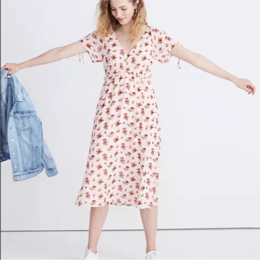 MADEWELL Countryside Blooms Pink Floral Tie-Sleeve Ruffle-Waist Midi Dress Sz 6